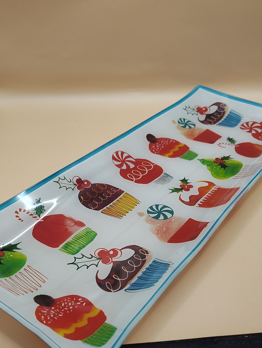 Festive Holiday Cupcake Glass Serving Tray - Red & Green